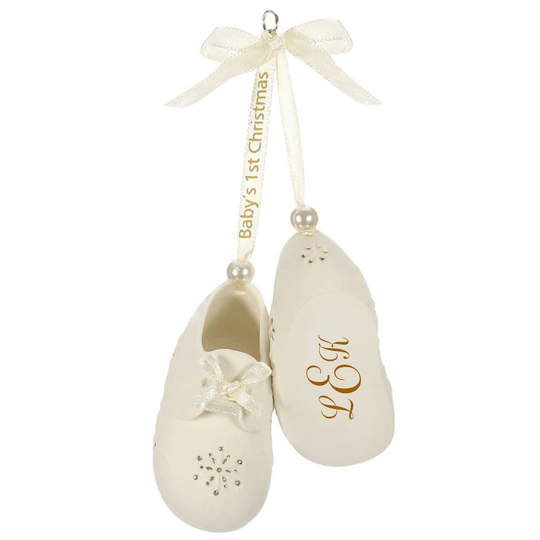 Baby's First Christmas Monogram Booties Porcelain Personalized Ornament 1 Baby's First Christmas Monogram Booties Porcelain Personalized Ornament