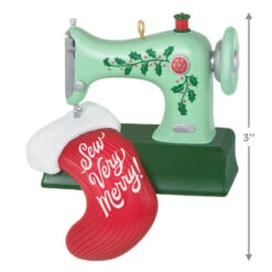 Hallmark Sew Very Merry! Ornament -Hallmark Sales Store Green Sewing Machine and Stocking Keepsake Ornament 1799QGO2927 03